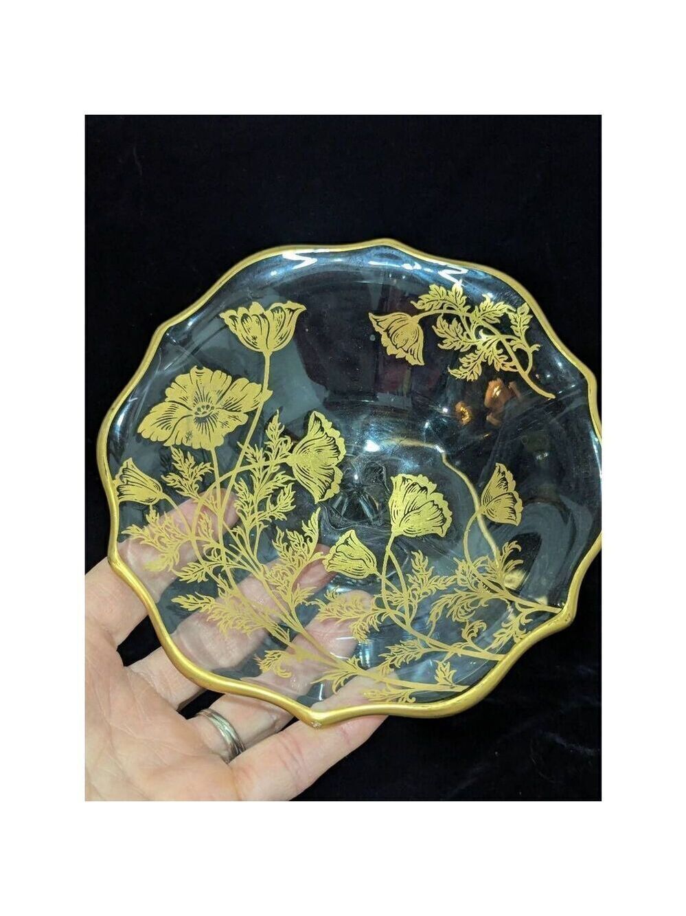 Fostoria Baroque Navarre Gold Floral & Foliage Overlay Pedestal Glassware - Picture 7 of 8